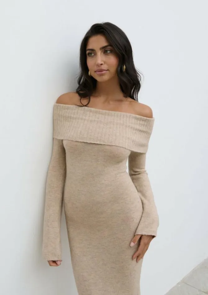 Pretty Lavish Dresses Women Soreya Bardot Soft Knit Dress Beige