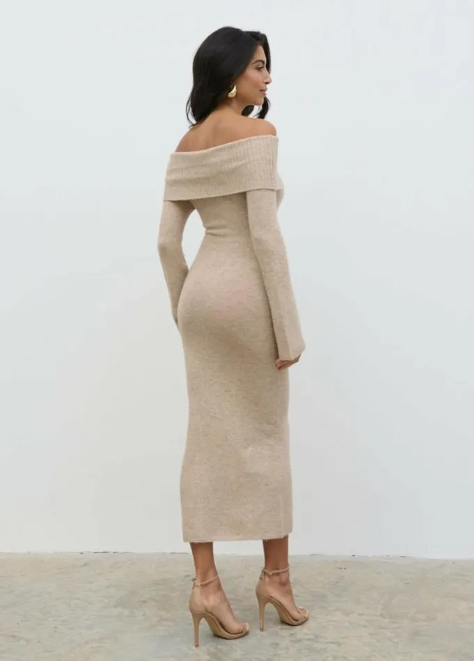 Pretty Lavish Dresses Women Soreya Bardot Soft Knit Dress Beige