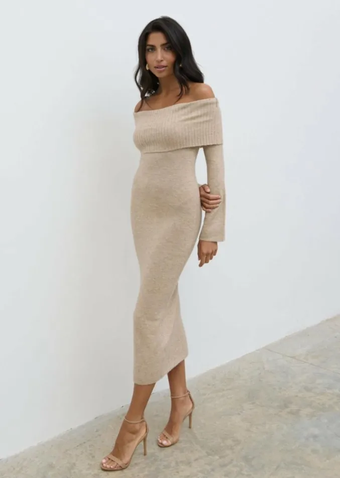 Pretty Lavish Dresses Women Soreya Bardot Soft Knit Dress Beige