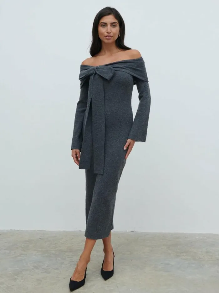 Pretty Lavish Dresses Women Tilda Bow Bardot Knit Midaxi Dress Grey