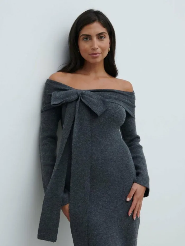 Pretty Lavish Dresses Women Tilda Bow Bardot Knit Midaxi Dress Grey