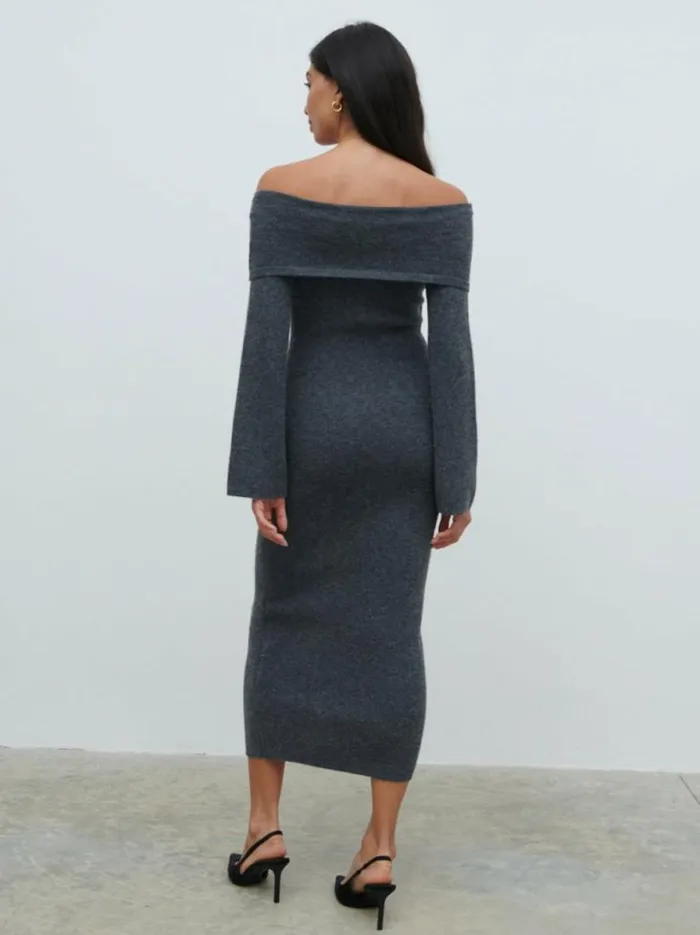 Pretty Lavish Dresses Women Tilda Bow Bardot Knit Midaxi Dress Grey