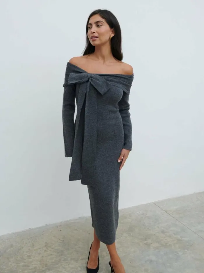 Pretty Lavish Dresses Women Tilda Bow Bardot Knit Midaxi Dress Grey