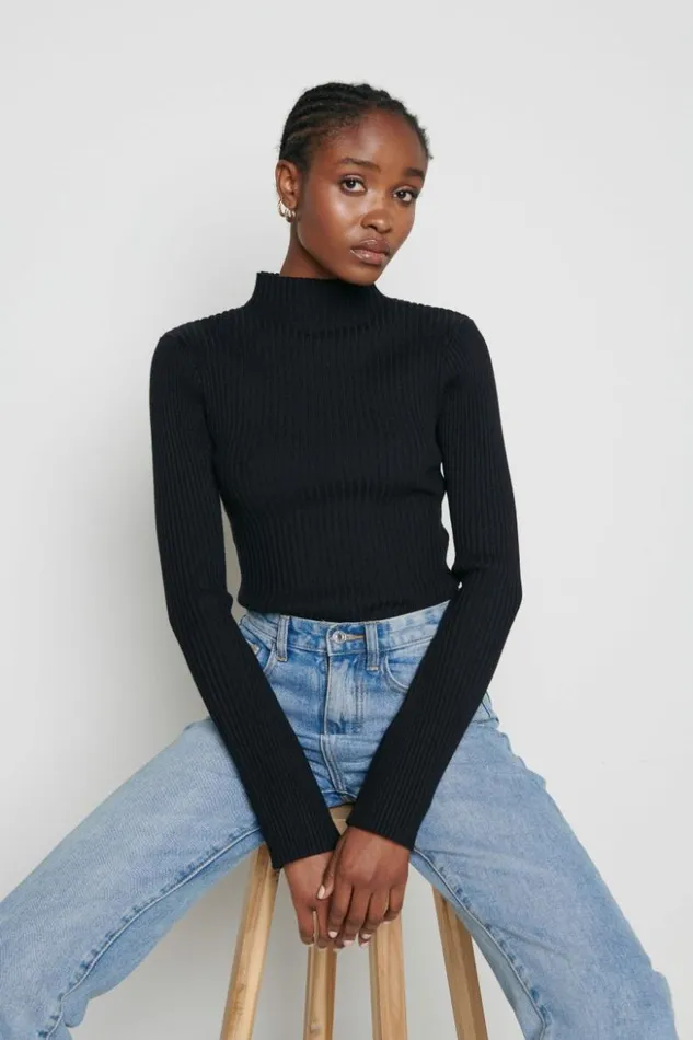 Pretty Lavish Knitwear Women Abbey Ribbed Grown Neck Top Black
