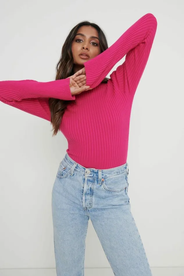 Pretty Lavish Knitwear Women Abbey Ribbed Grown Neck Top Pink