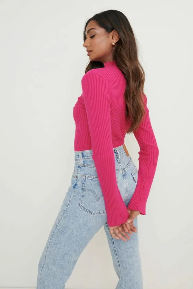Pretty Lavish Knitwear Women Abbey Ribbed Grown Neck Top Pink