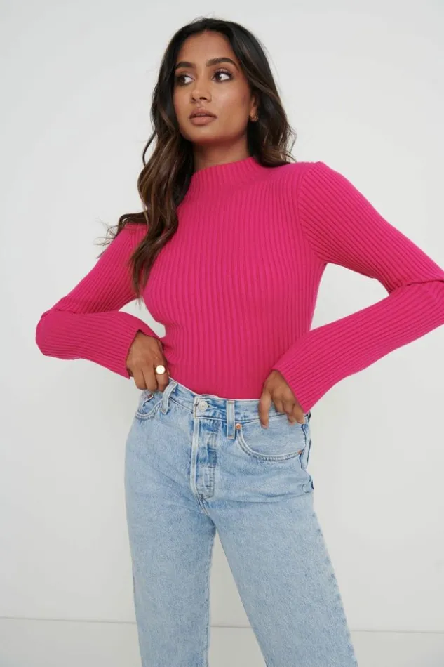 Pretty Lavish Knitwear Women Abbey Ribbed Grown Neck Top Pink