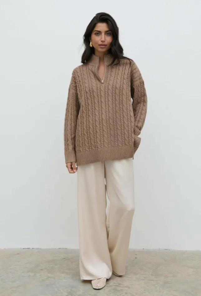 Pretty Lavish Knitwear Women Braelyn Zip Collared Knit Jumper Brown