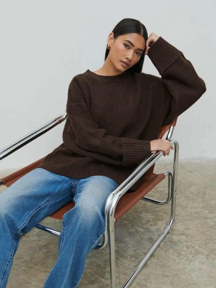 Pretty Lavish Knitwear Women Camille Oversized Borg Jumper Brown