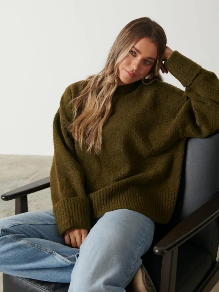 Pretty Lavish Knitwear Women Camille Oversized Borg Jumper Olive