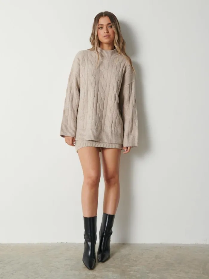 Pretty Lavish Knitwear Women Caprice Cable Knit Roll Neck Jumper Beige