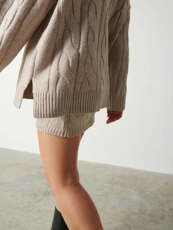 Pretty Lavish Knitwear Women Caprice Cable Knit Roll Neck Jumper Beige