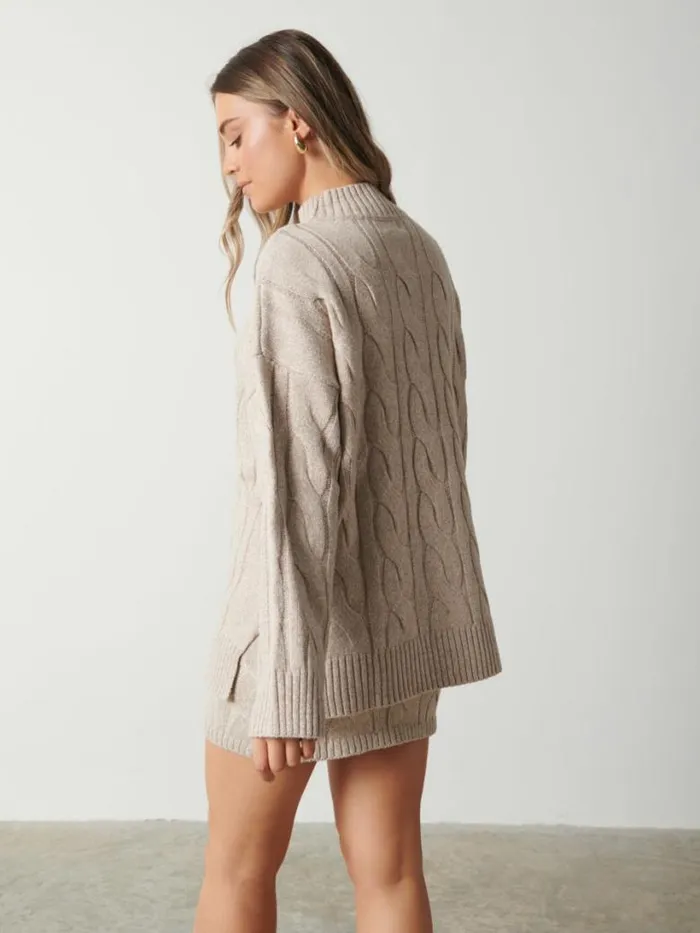 Pretty Lavish Knitwear Women Caprice Cable Knit Roll Neck Jumper Beige