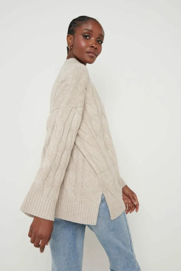 Pretty Lavish Knitwear Women Caprice Cable Knit Roll Neck Jumper Beige
