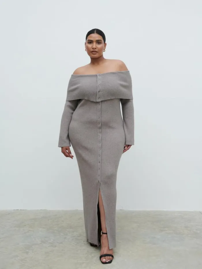 Pretty Lavish Knitwear Women Elora Bardot Knit Maxi Dress Curve Brown