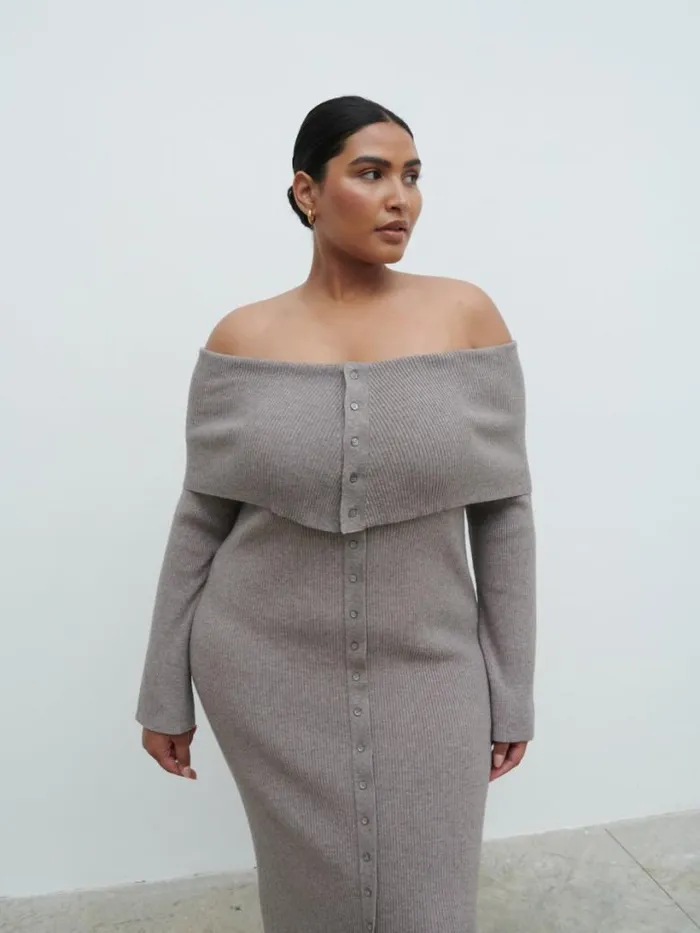 Pretty Lavish Knitwear Women Elora Bardot Knit Maxi Dress Curve Brown