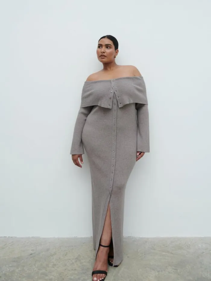 Pretty Lavish Knitwear Women Elora Bardot Knit Maxi Dress Curve Brown