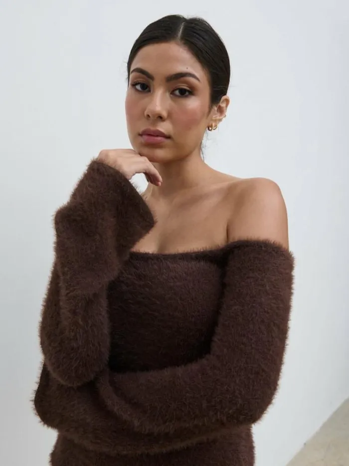 Pretty Lavish Knitwear Women Erika Bardot Fluffy Knit Top Brown