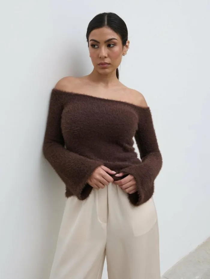 Pretty Lavish Knitwear Women Erika Bardot Fluffy Knit Top Brown