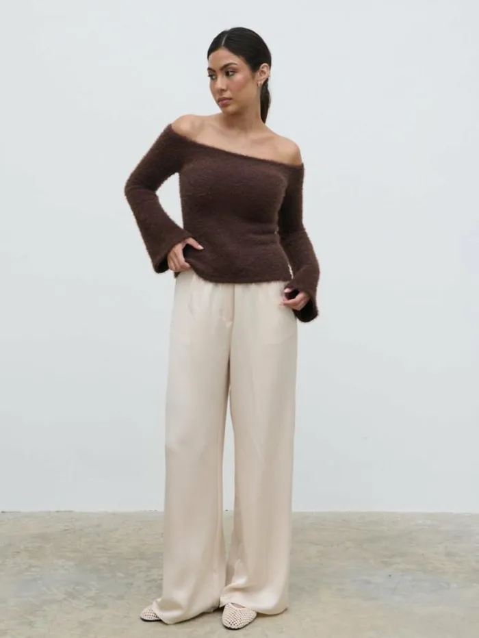 Pretty Lavish Knitwear Women Erika Bardot Fluffy Knit Top Brown