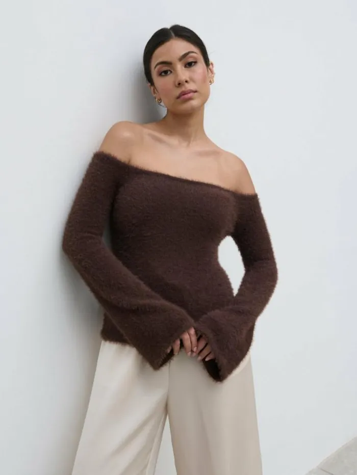 Pretty Lavish Knitwear Women Erika Bardot Fluffy Knit Top Brown