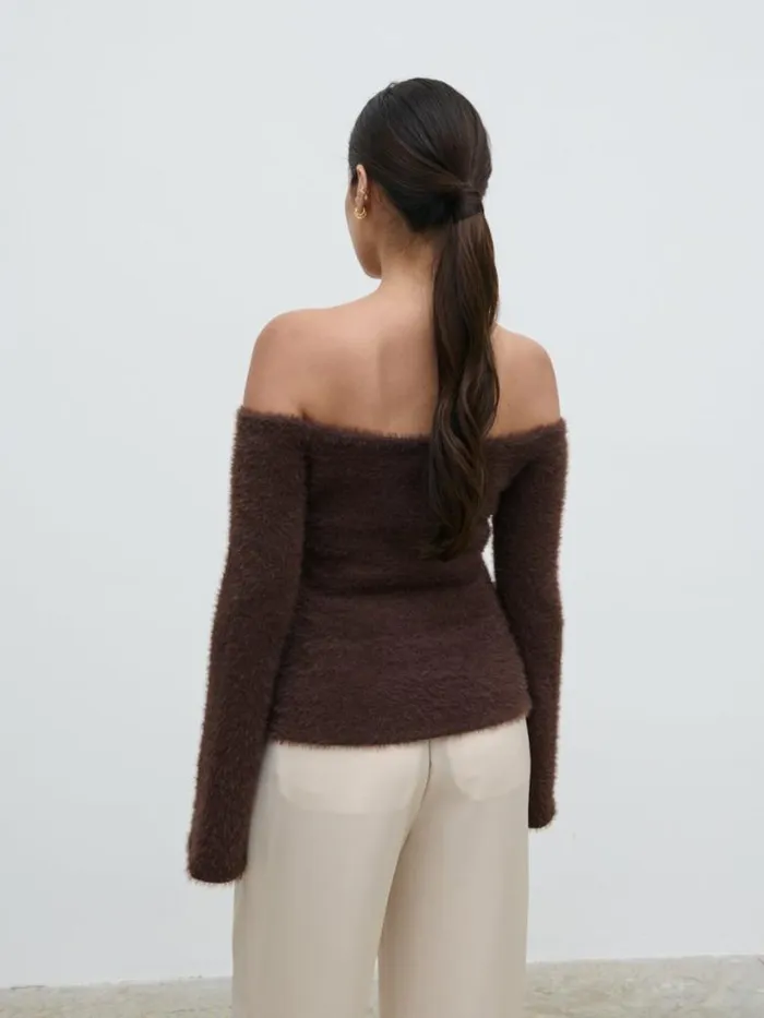 Pretty Lavish Knitwear Women Erika Bardot Fluffy Knit Top Brown