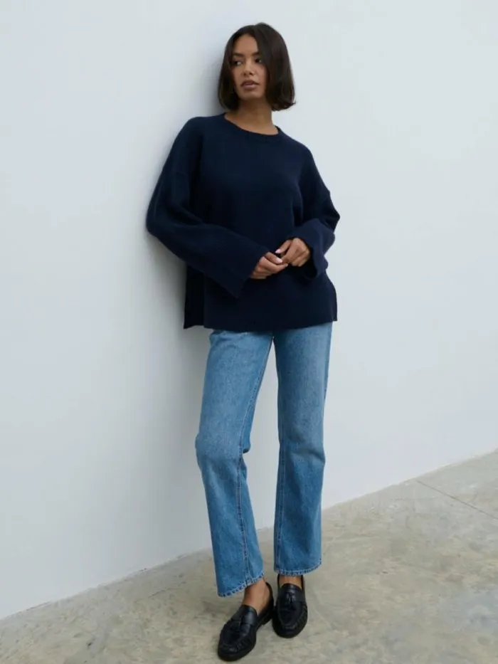 Pretty Lavish Knitwear Women Finnity Slouchy Crew Neck Knit Jumper Navy