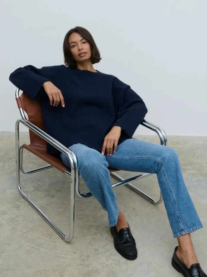 Pretty Lavish Knitwear Women Finnity Slouchy Crew Neck Knit Jumper Navy