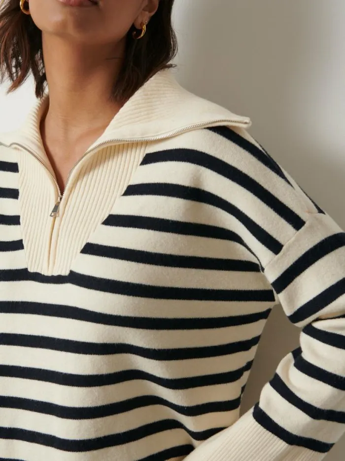Pretty Lavish Knitwear Women Jayden Funnel Neck Zip Jumper Cream And Navy Stripe