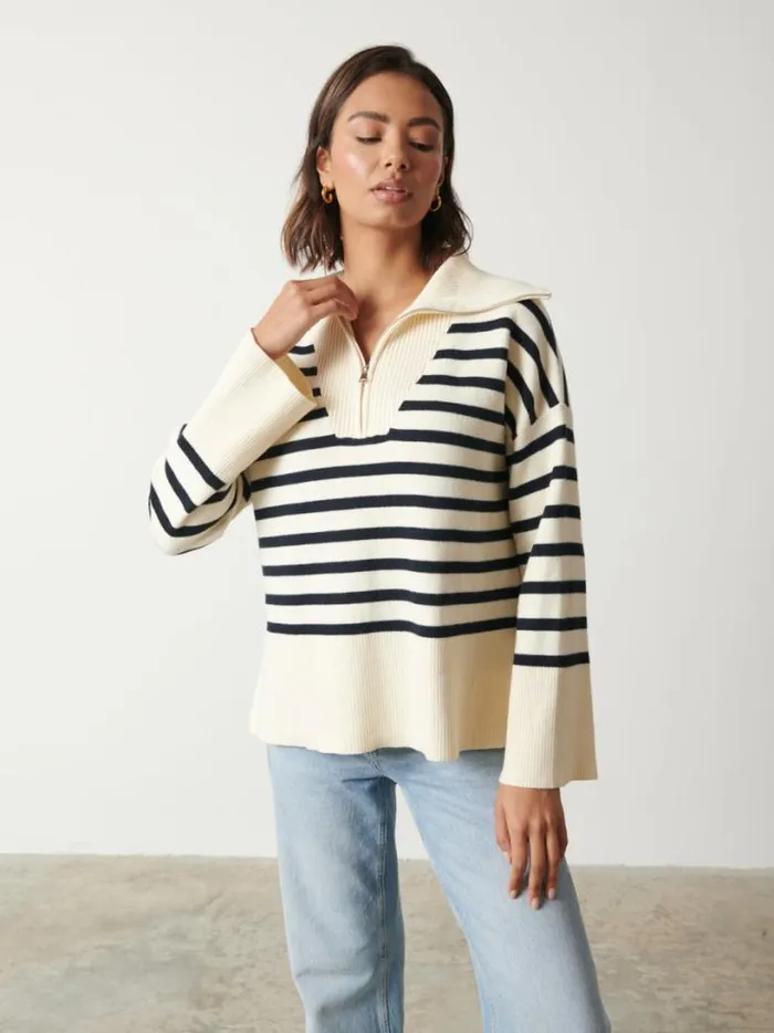 Pretty Lavish Knitwear Women Jayden Funnel Neck Zip Jumper Cream And Navy Stripe
