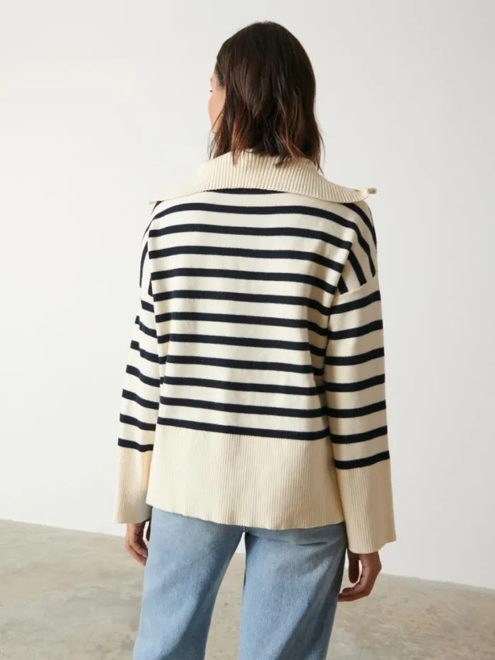 Pretty Lavish Knitwear Women Jayden Funnel Neck Zip Jumper Cream And Navy Stripe