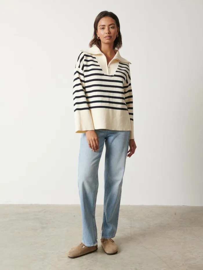 Pretty Lavish Knitwear Women Jayden Funnel Neck Zip Jumper Cream And Navy Stripe
