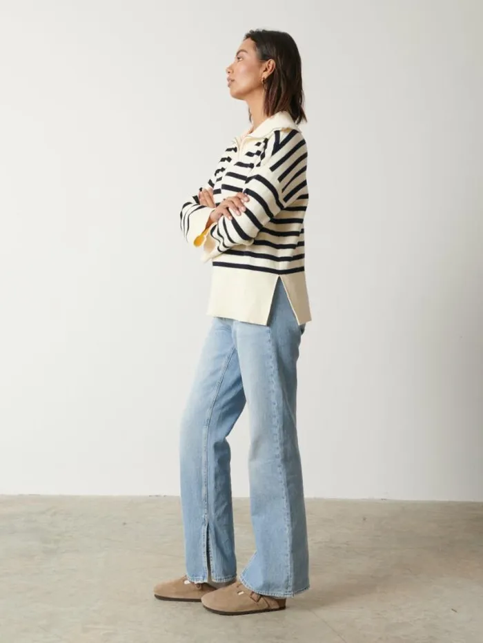 Pretty Lavish Knitwear Women Jayden Funnel Neck Zip Jumper Cream And Navy Stripe