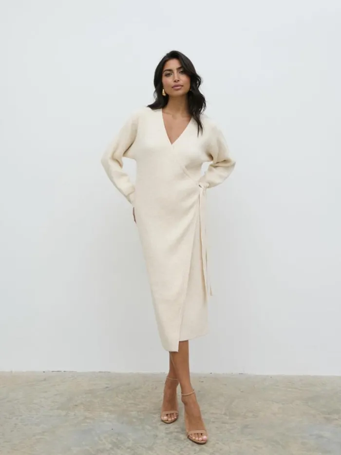 Pretty Lavish Knitwear Women Kinsley Ribbed Wrap Dress Cream