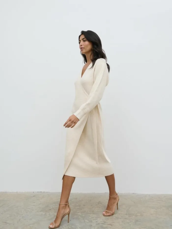 Pretty Lavish Knitwear Women Kinsley Ribbed Wrap Dress Cream