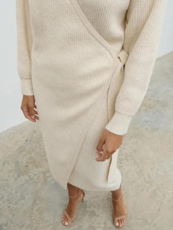 Pretty Lavish Knitwear Women Kinsley Ribbed Wrap Dress Cream