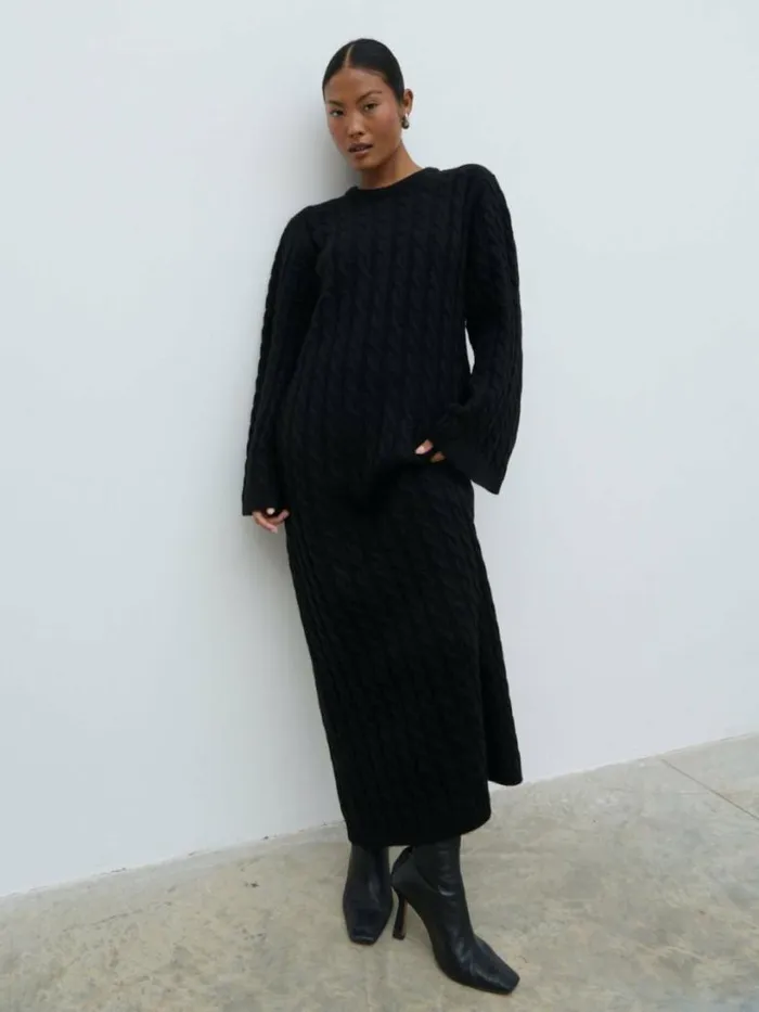 Pretty Lavish Knitwear Women Lorelai Cable Knit Midaxi Dress Black