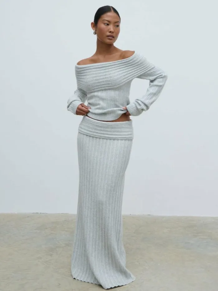 Pretty Lavish Knitwear Women Petra Cosy Rib Knit Maxi Skirt Grey