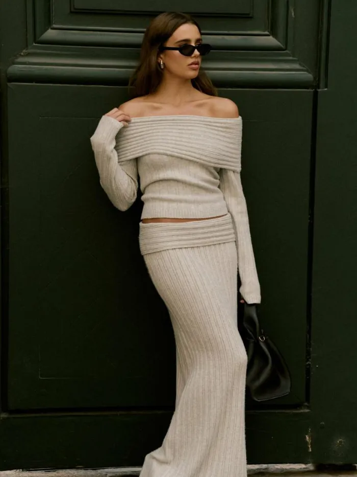Pretty Lavish Knitwear Women Petra Cosy Rib Knit Maxi Skirt Grey