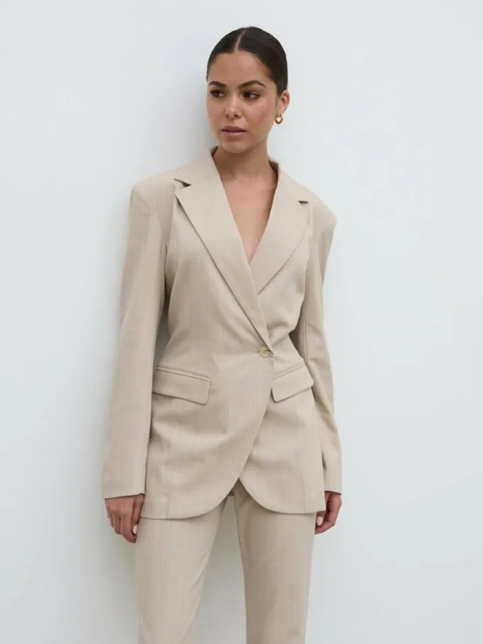 Pretty Lavish Outerwear Women Jaycie Cinched Waist Pinstripe Blazer Beige