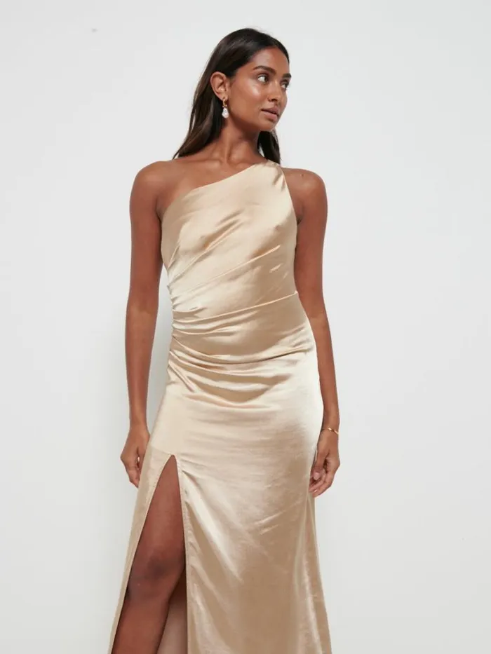 Pretty Lavish Satin Bridesmaid Dresses Women Amelia Ruched Maxi Bridesmaid Dress Bronze