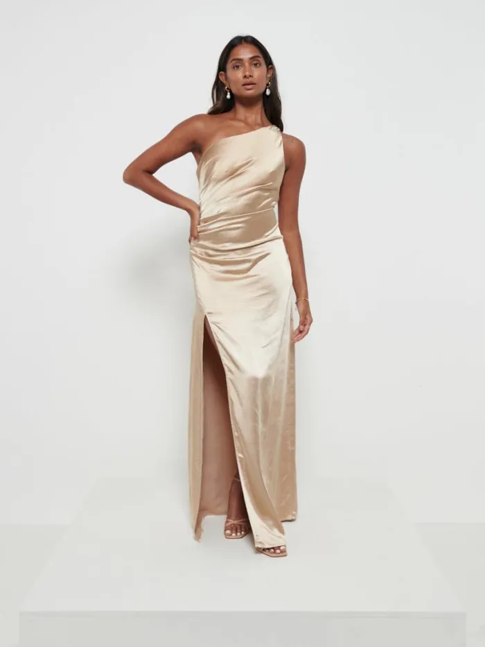 Pretty Lavish Satin Bridesmaid Dresses Women Amelia Ruched Maxi Bridesmaid Dress Bronze