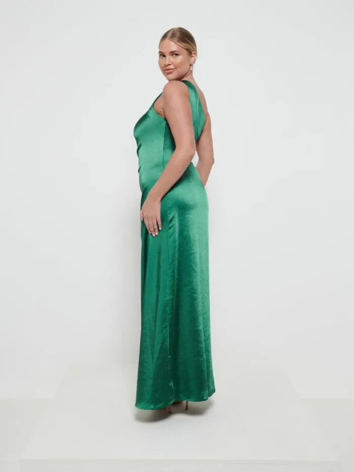 Pretty Lavish Satin Bridesmaid Dresses Women Amelia Ruched Maxi Bridesmaid Dress Emerald