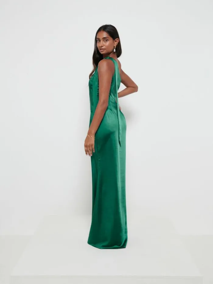 Pretty Lavish Satin Bridesmaid Dresses Women Amelia Tie Maxi Bridesmaid Dress Emerald