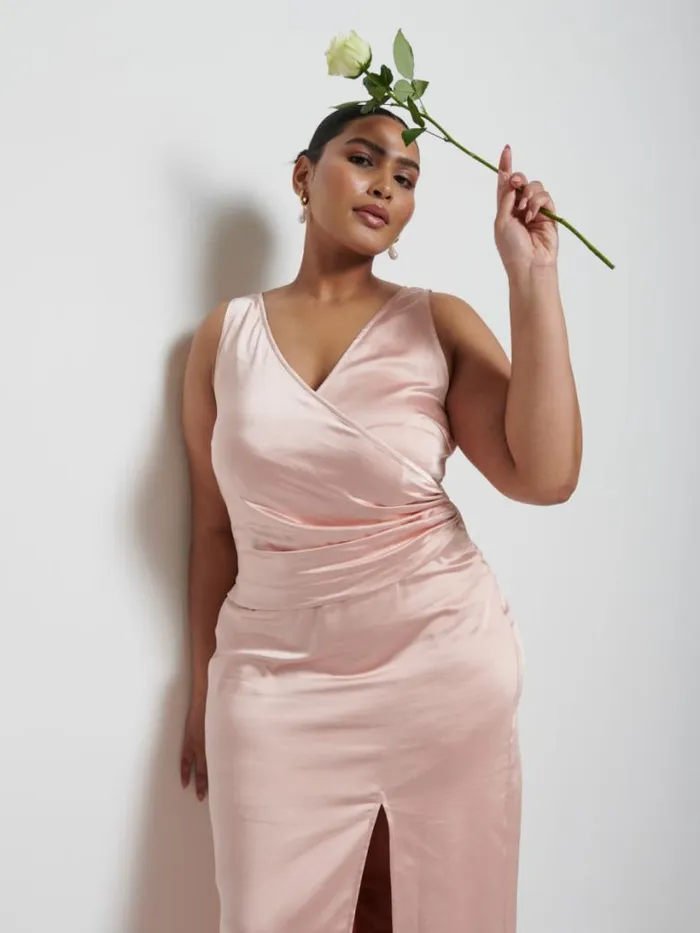 Pretty Lavish Satin Bridesmaid Dresses Women Esmee Wrap Maxi Bridesmaid Dress Curve Blush