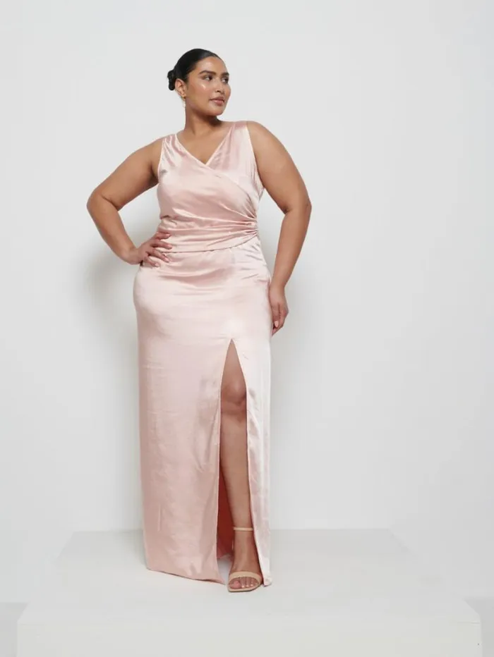 Pretty Lavish Satin Bridesmaid Dresses Women Esmee Wrap Maxi Bridesmaid Dress Curve Blush