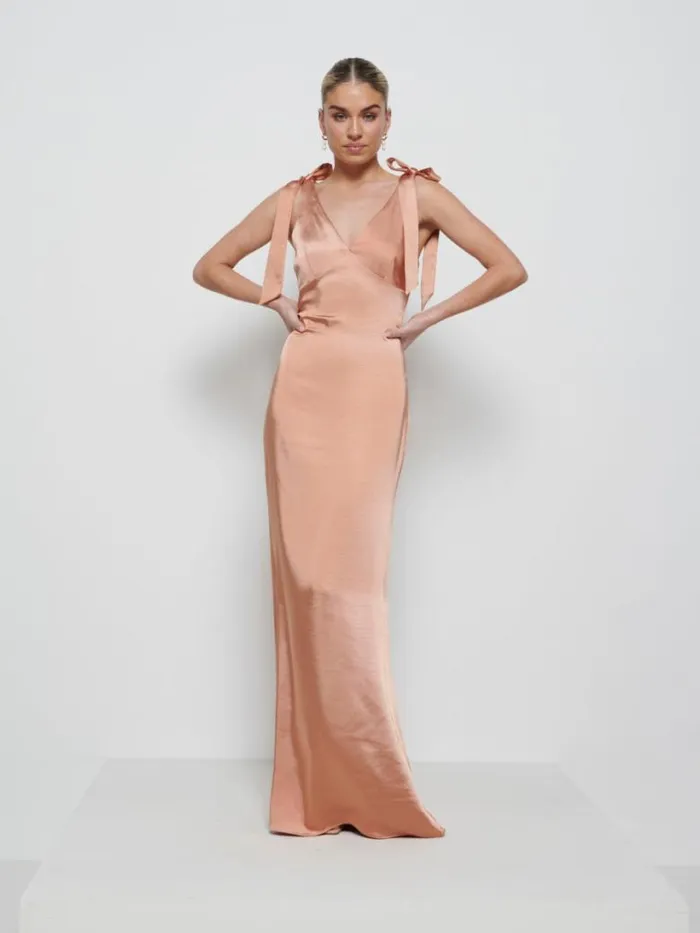 Pretty Lavish Satin Bridesmaid Dresses Women Piper Tie Maxi Bridesmaid Dress Matte Cinnamon