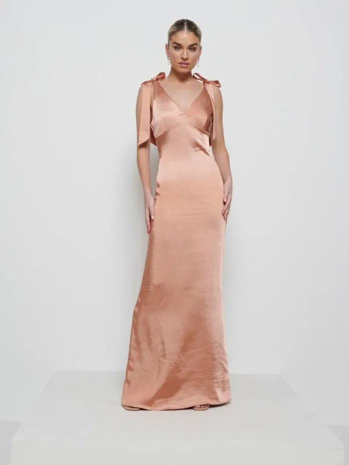 Pretty Lavish Satin Bridesmaid Dresses Women Piper Tie Maxi Bridesmaid Dress Matte Cinnamon