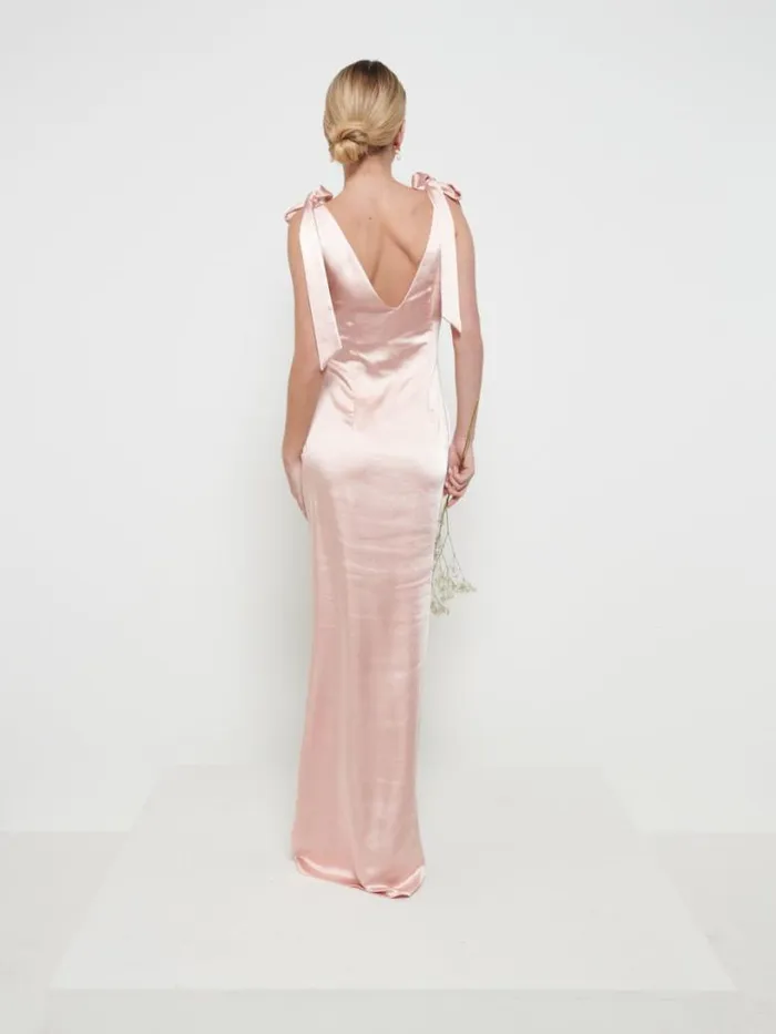 Pretty Lavish Satin Bridesmaid Dresses Women Piper Tie Maxi Bridesmaid Dress Matte True Blush