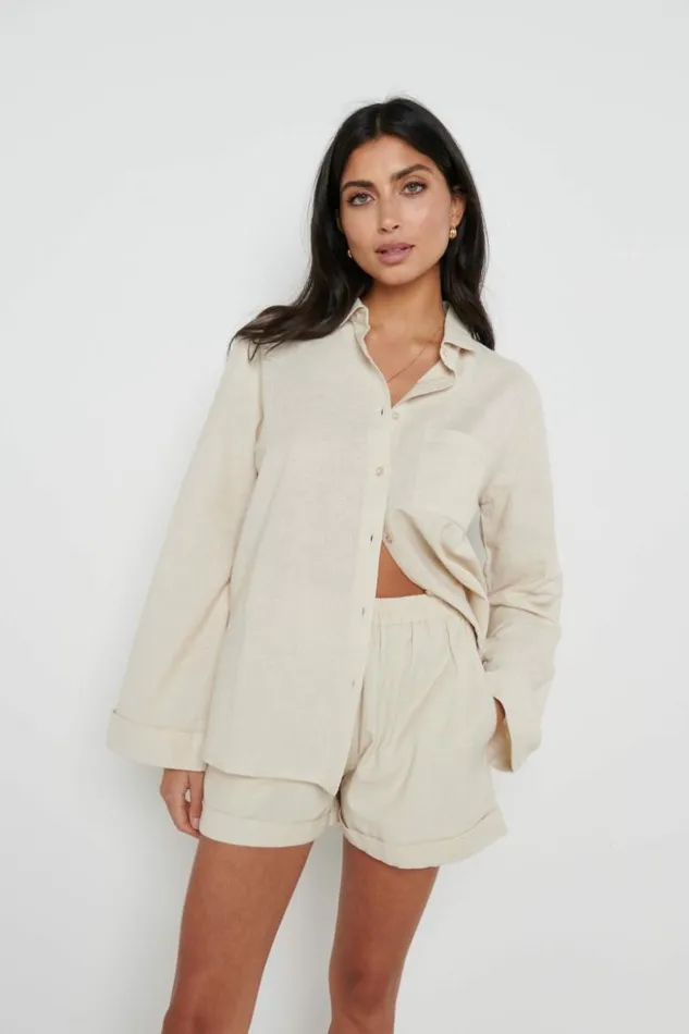 Pretty Lavish Tops Women Belle Boxy Linen Shirt Beige